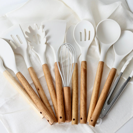 BPA-Free Silicone Kitchen Utensil Set with Wooden Handles – Heat Resistant, Dishwasher Safe Cooking Utensils Including Spatula, Spoon, Whisk