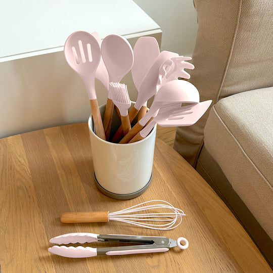 BPA-Free Silicone Kitchen Utensil Set with Wooden Handles – Heat Resistant, Dishwasher Safe Cooking Utensils Including Spatula, Spoon, Whisk
