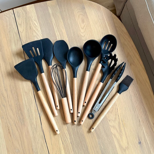 BPA-Free Silicone Kitchen Utensil Set with Wooden Handles – Heat Resistant, Dishwasher Safe Cooking Utensils Including Spatula, Spoon, Whisk