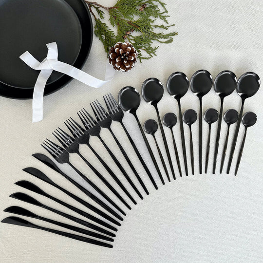 Modern Black Flatware Set - 24-Piece 18/10 Stainless Steel Cutlery for Elegant Dining