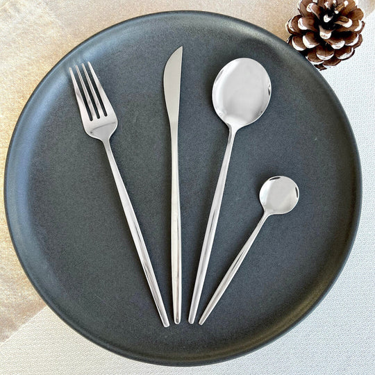 Modern 24-Piece Silver Flatware Set - Premium 18/10 Stainless Steel Cutlery Set for Elegant Dining, Dishwasher Safe