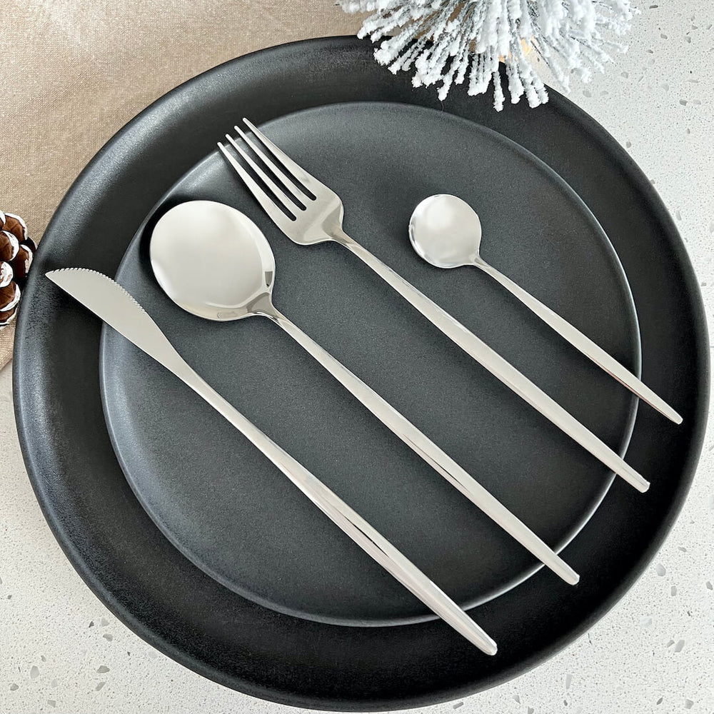 Modern 24-Piece Silver Flatware Set - Premium 18/10 Stainless Steel Cutlery Set for Elegant Dining, Dishwasher Safe