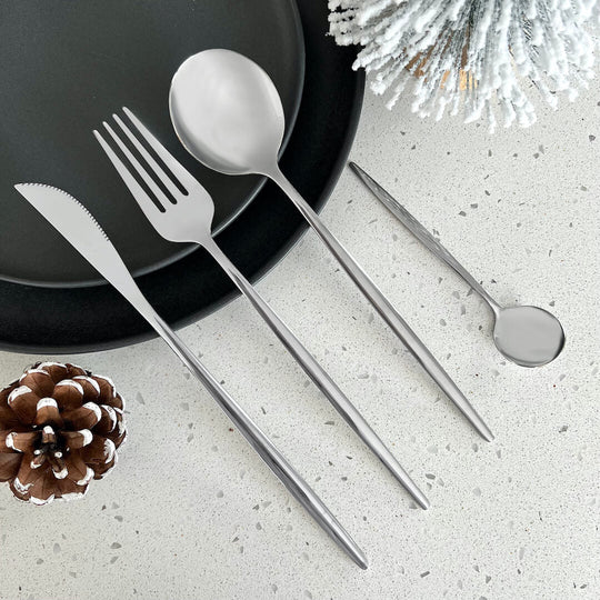 Modern 24-Piece Silver Flatware Set - Premium 18/10 Stainless Steel Cutlery Set for Elegant Dining, Dishwasher Safe