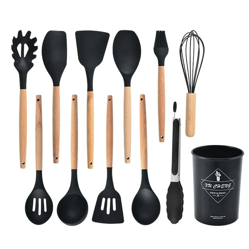 Variant image for BPA-Free Silicone Kitchen Utensil Set with Wooden Handles – Heat Resistant, Dishwasher Safe Cooking Utensils Including Spatula, Spoon, Whisk-4