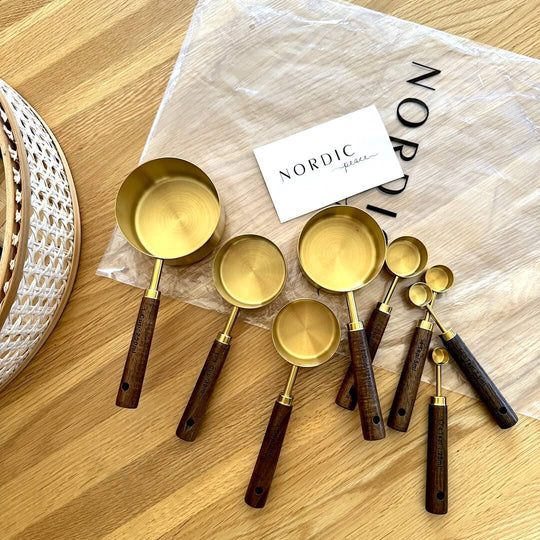 Acacia Wood Measuring Cups and Spoons Set with Gold Accents – Eco-Friendly Kitchen Essentials