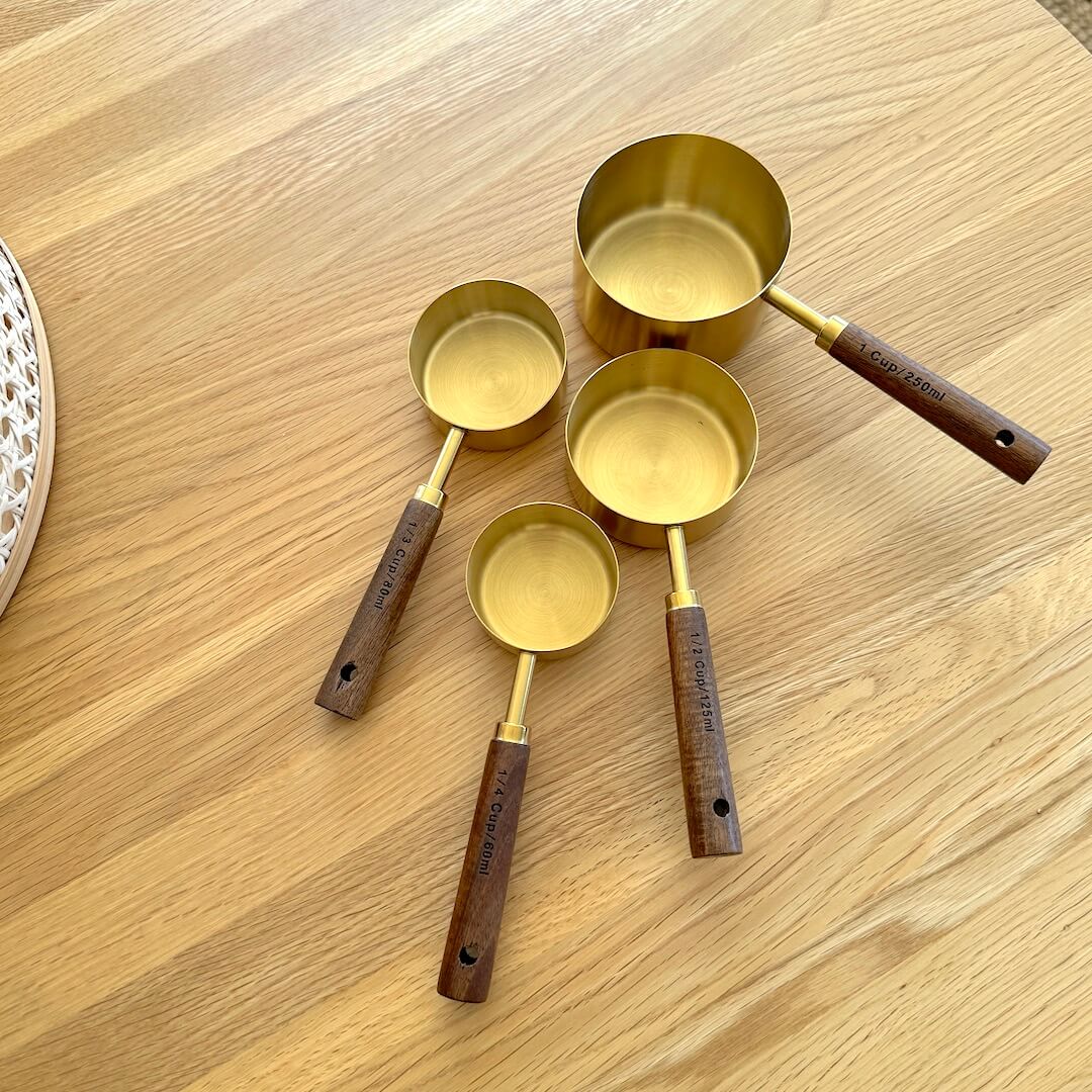 Acacia Wood Measuring Cups and Spoons Set with Gold Accents – Eco-Friendly Kitchen Essentials
