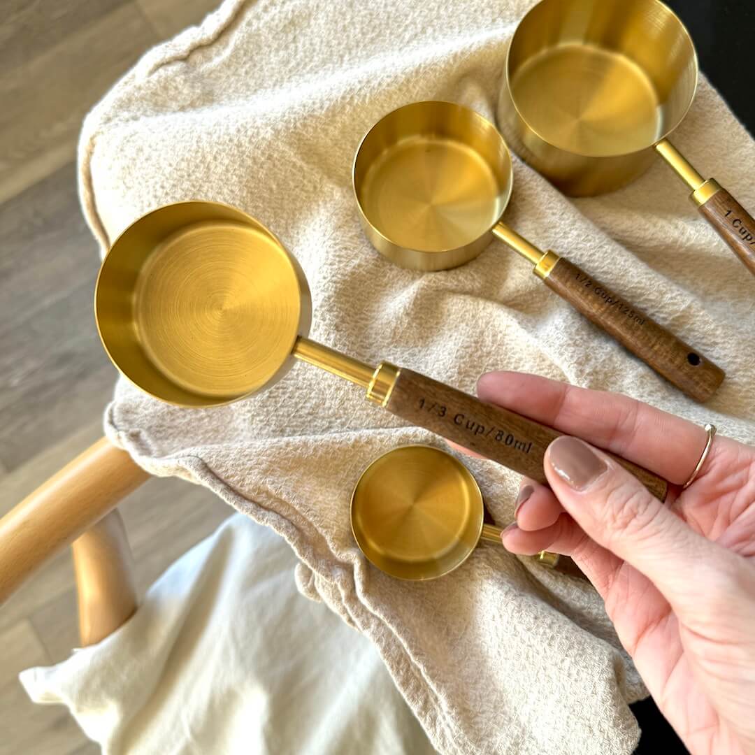 Acacia Wood Measuring Cups and Spoons Set with Gold Accents – Eco-Friendly Kitchen Essentials