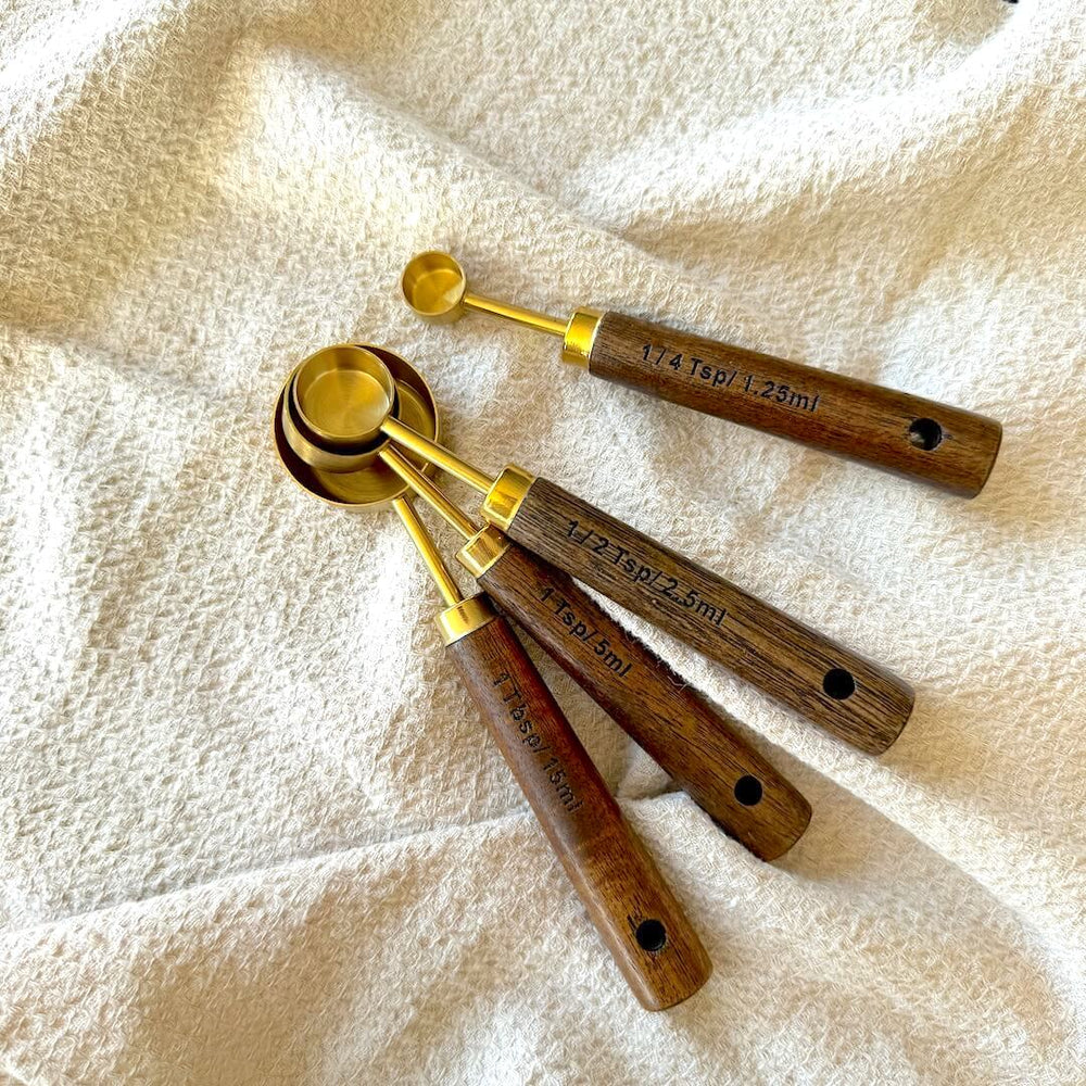 Acacia Wood Measuring Cups and Spoons Set with Gold Accents – Eco-Friendly Kitchen Essentials