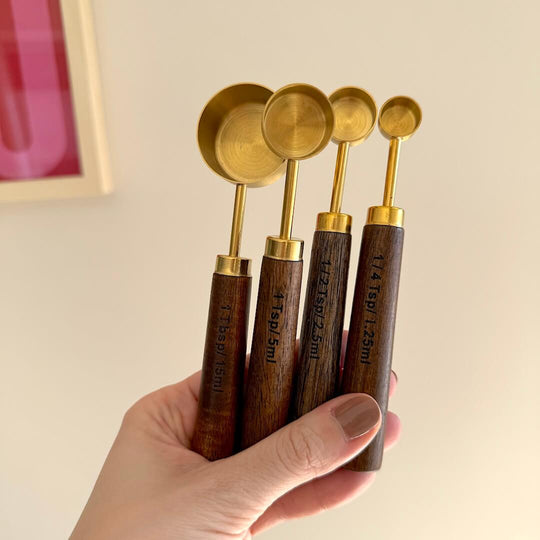 Acacia Wood Measuring Cups and Spoons Set with Gold Accents – Eco-Friendly Kitchen Essentials