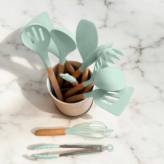 BPA-Free Silicone Kitchen Utensil Set with Wooden Handles – Heat Resistant, Dishwasher Safe Cooking Utensils Including Spatula, Spoon, Whisk