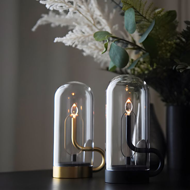 Rechargeable LED Flame Lamp with Touch Control and Wireless Charging – Modern Glass and Aluminum Design