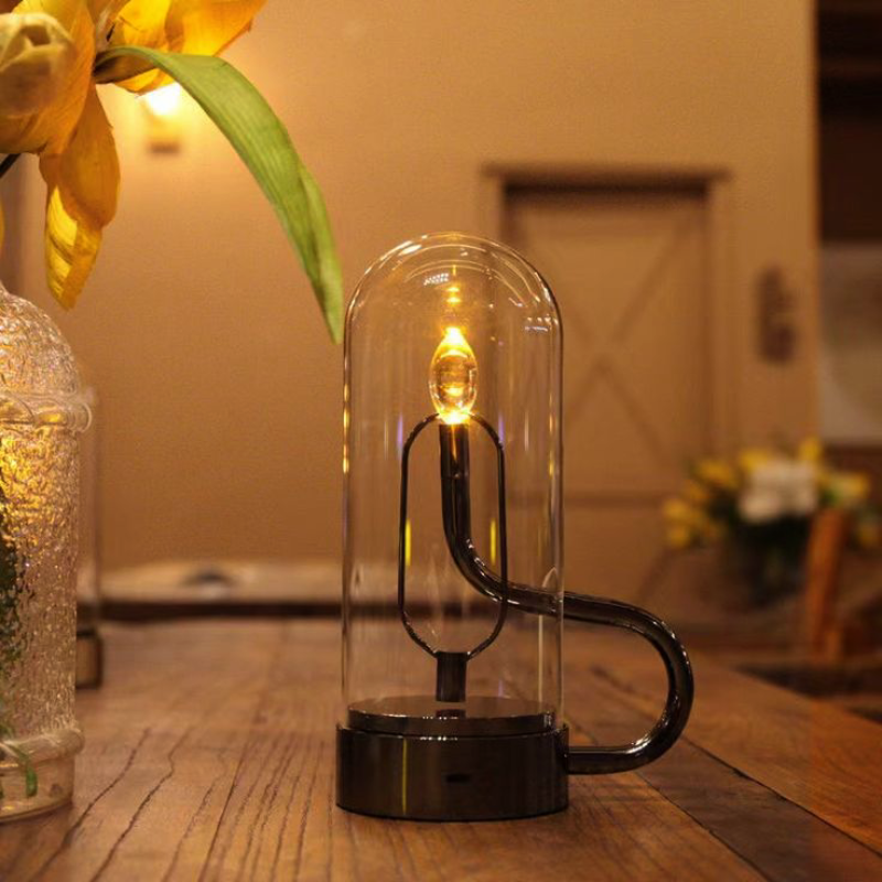 Rechargeable LED Flame Lamp with Touch Control and Wireless Charging – Modern Glass and Aluminum Design