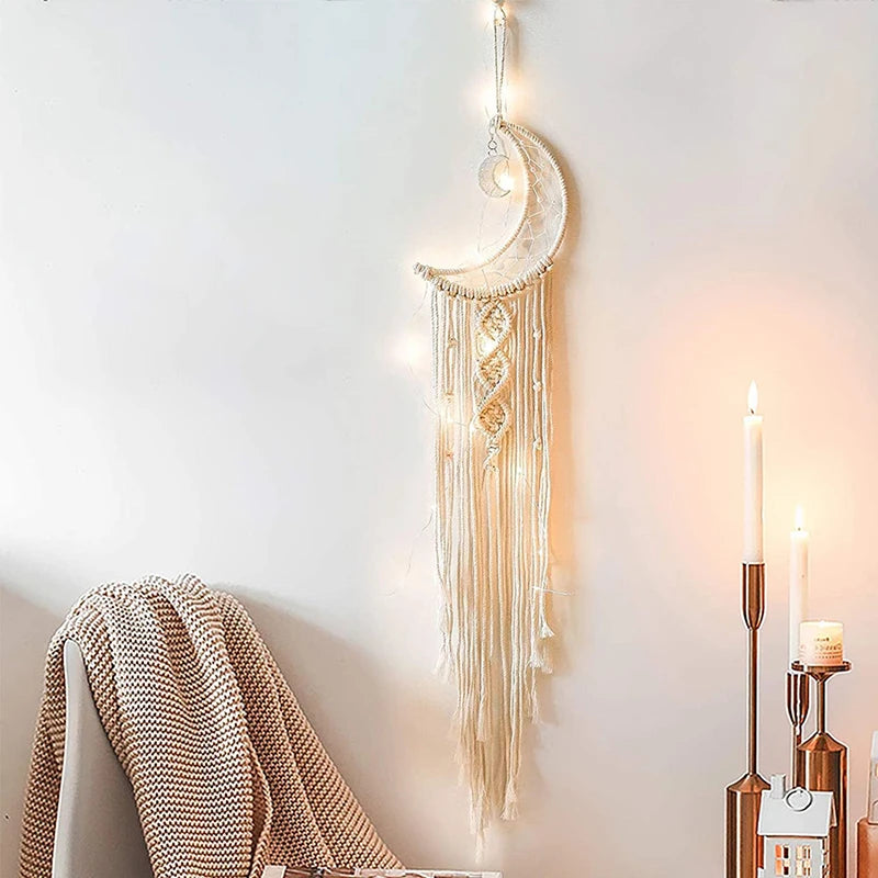 Boho Macrame Wall Hanging Dream Catcher – Moon Design for Nursery and Home Wall Art Decor
