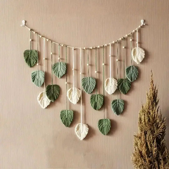 Boho Macrame Wall Hanging Tapestry – Leaf and Feather Wall Art Decor for Living Room and Bedroom