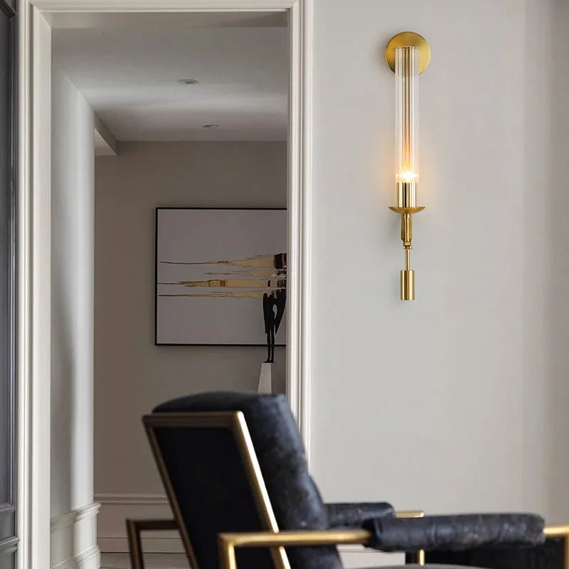 Modern Gold Wall Sconce – Elegant Iron and Glass Wall Light for Bedroom and Living Room Décor