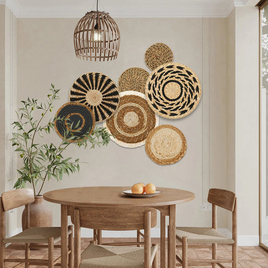 7 Pack Woven Boho Wall Baskets – Natural Seagrass and Rattan Round Wall Art for Home Decor