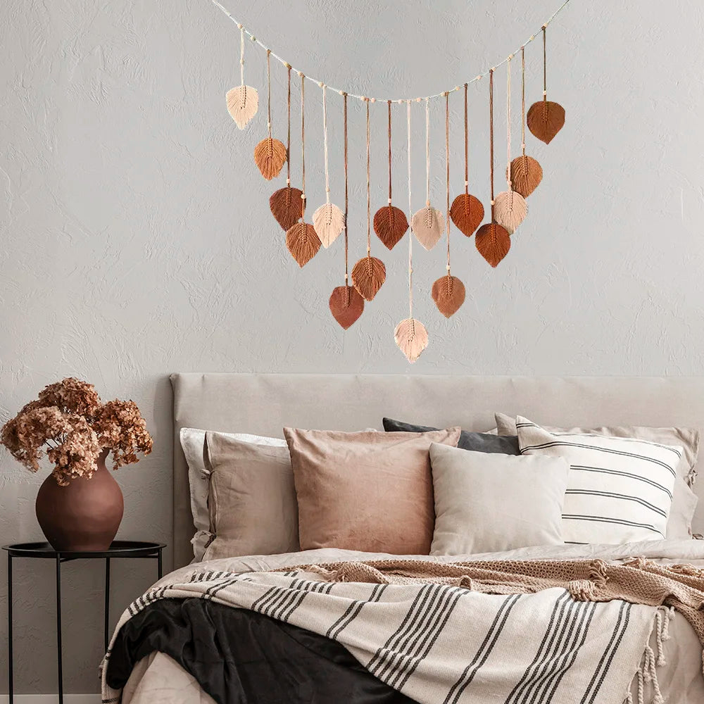 Boho Macrame Wall Hanging Tapestry – Leaf and Feather Wall Art Decor for Living Room and Bedroom