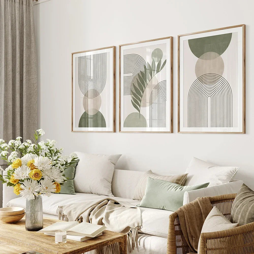 Abstract Boho Geometric Canvas Wall Art Print in Sage Green – Unframed Canvas Decor for Living Room and Office