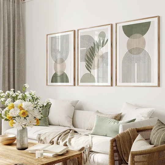 Abstract Boho Geometric Canvas Wall Art Print in Sage Green – Unframed Canvas Decor for Living Room and Office