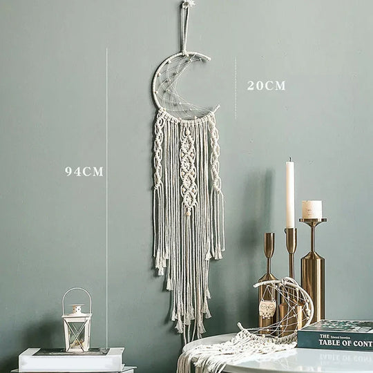 Boho Macrame Wall Hanging Dream Catcher – Moon Design for Nursery and Home Wall Art Decor