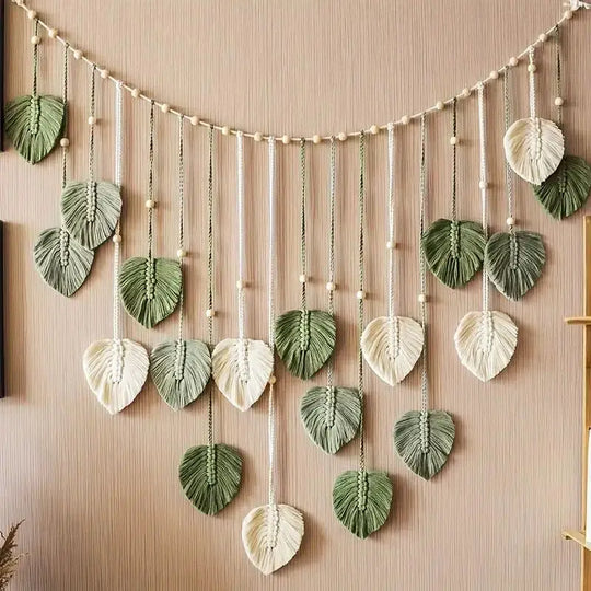 Boho Macrame Wall Hanging Tapestry – Leaf and Feather Wall Art Decor for Living Room and Bedroom