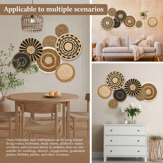 7 Pack Woven Boho Wall Baskets – Natural Seagrass and Rattan Round Wall Art for Home Decor