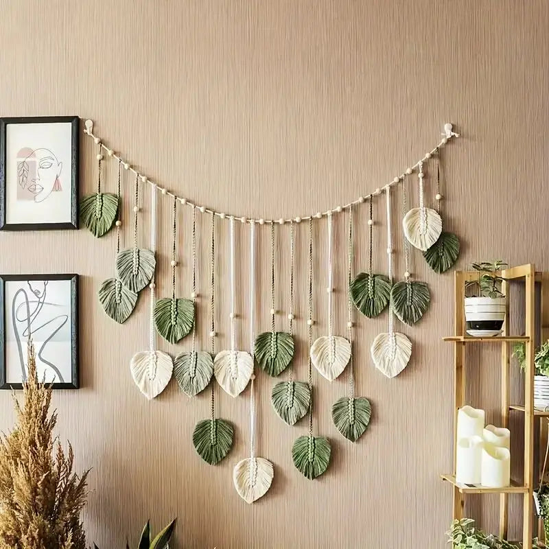 Boho Macrame Wall Hanging Tapestry – Leaf and Feather Wall Art Decor for Living Room and Bedroom
