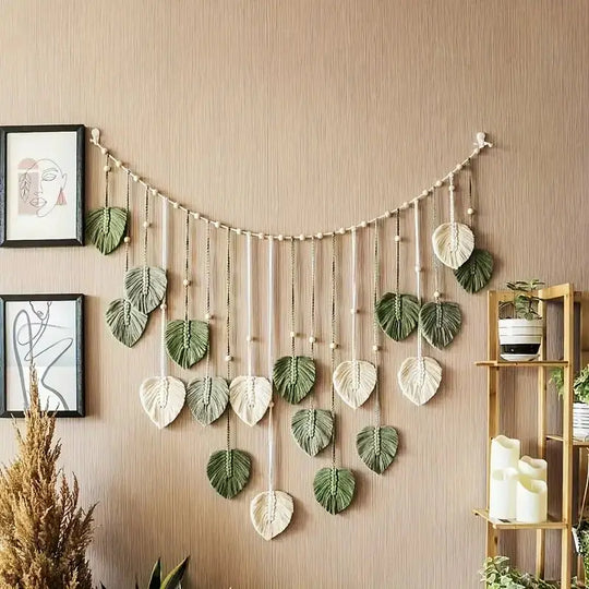 Boho Macrame Wall Hanging Tapestry – Leaf and Feather Wall Art Decor for Living Room and Bedroom