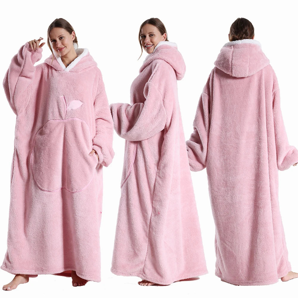 Extra Long Hooded Wearable Blanket Hoodie for Adults – Cozy Flannel Throw with Sleeves and Pocket in Multiple Colors