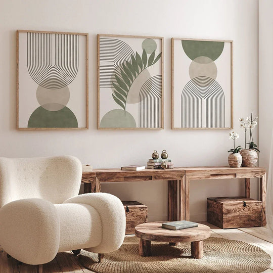 Abstract Boho Geometric Canvas Wall Art Print in Sage Green – Unframed Canvas Decor for Living Room and Office