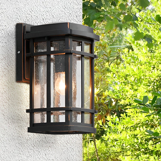 Modern Outdoor Wall Light Sconce with Bubbles Glass Shade – Waterproof Black Aluminum Exterior Wall Lantern for Porch and Garden