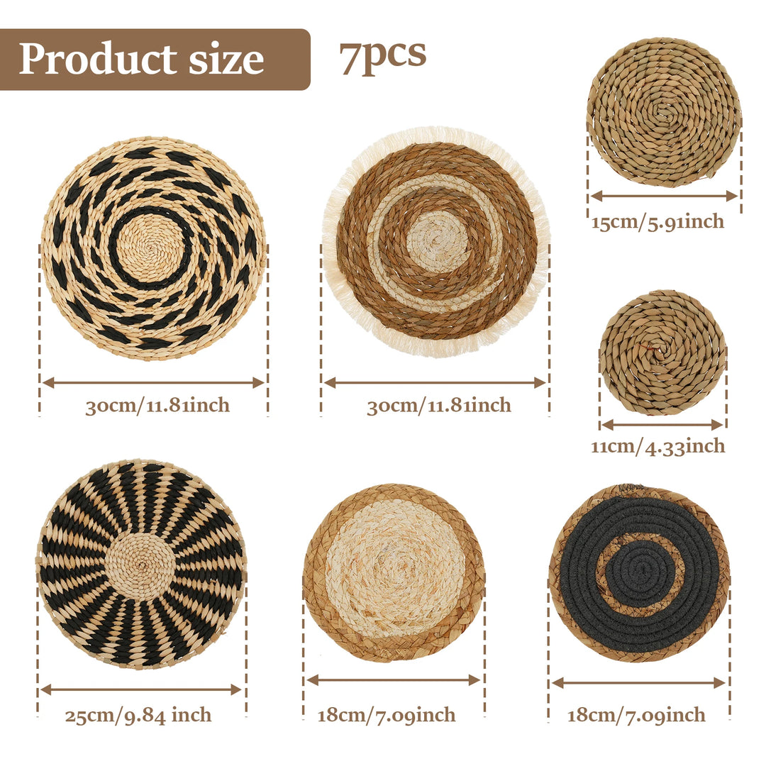 7 Pack Woven Boho Wall Baskets – Natural Seagrass and Rattan Round Wall Art for Home Decor