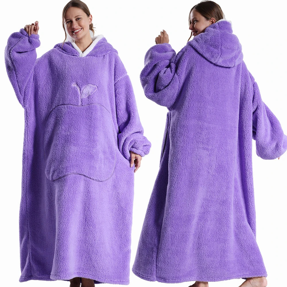 Extra Long Hooded Wearable Blanket Hoodie for Adults – Cozy Flannel Throw with Sleeves and Pocket in Multiple Colors