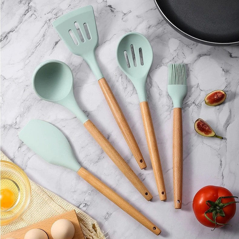 11-Piece Silicone Cooking Utensil Set with Wooden Handles – Nonstick, BPA-Free Kitchen Tools