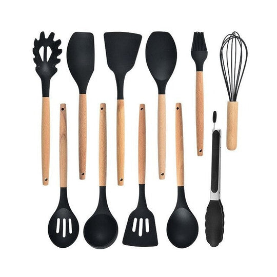 11-Piece Silicone Cooking Utensil Set with Wooden Handles – Nonstick, BPA-Free Kitchen Tools