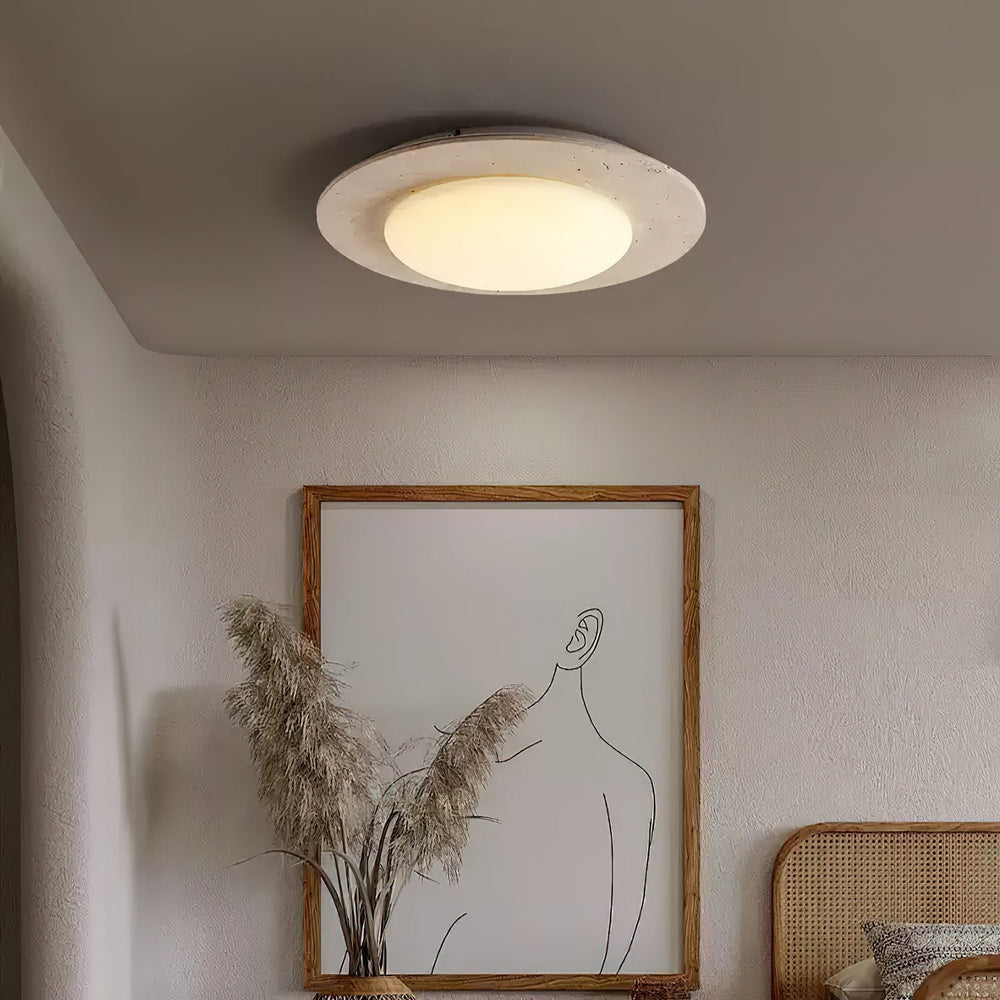 Dome-Shaped Flush Mount Ceiling Light with Yellow Travertine and Solid Wood – Warm LED Illumination, 30cm Diameter