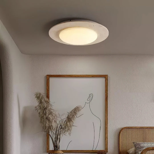 Dome-Shaped Flush Mount Ceiling Light with Yellow Travertine and Solid Wood – Warm LED Illumination, 30cm Diameter