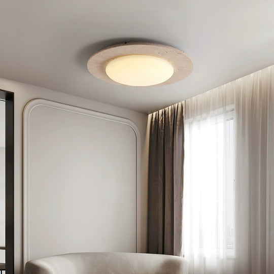 Dome-Shaped Flush Mount Ceiling Light with Yellow Travertine and Solid Wood – Warm LED Illumination, 30cm Diameter