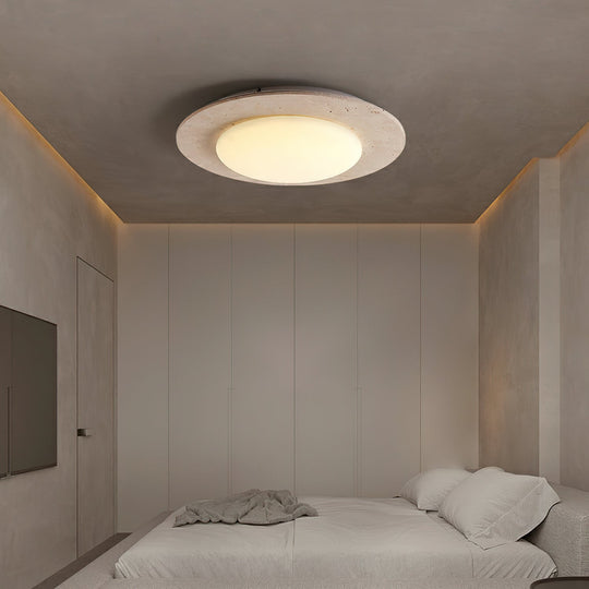 Dome-Shaped Flush Mount Ceiling Light with Yellow Travertine and Solid Wood – Warm LED Illumination, 30cm Diameter