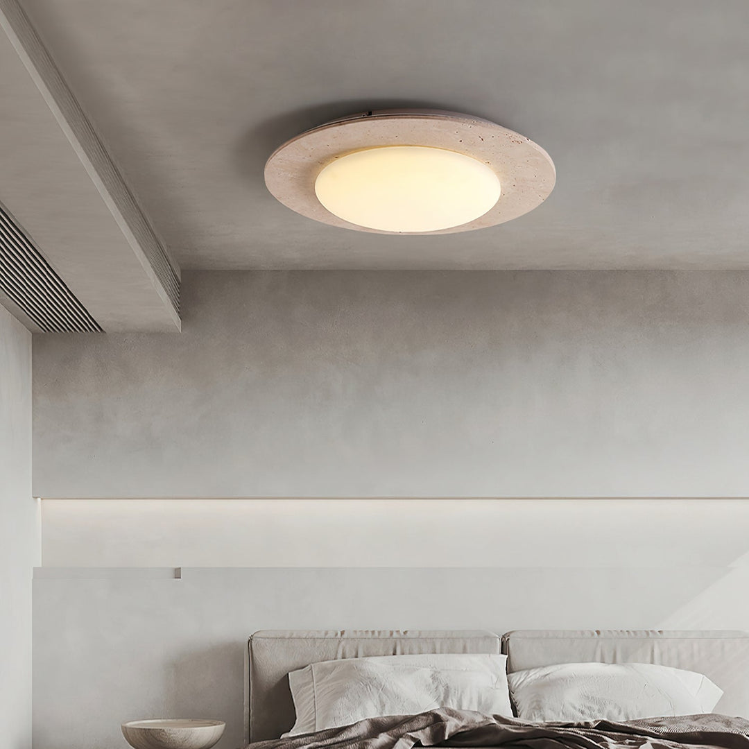 Dome-Shaped Flush Mount Ceiling Light with Yellow Travertine and Solid Wood – Warm LED Illumination, 30cm Diameter