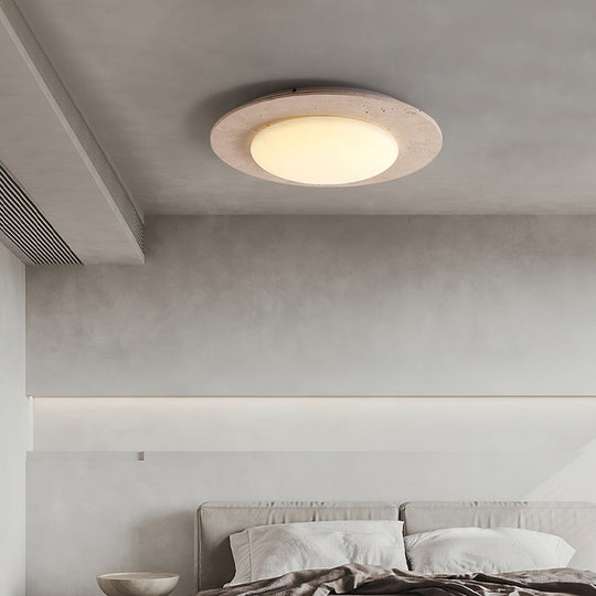 Dome-Shaped Flush Mount Ceiling Light with Yellow Travertine and Solid Wood – Warm LED Illumination, 30cm Diameter