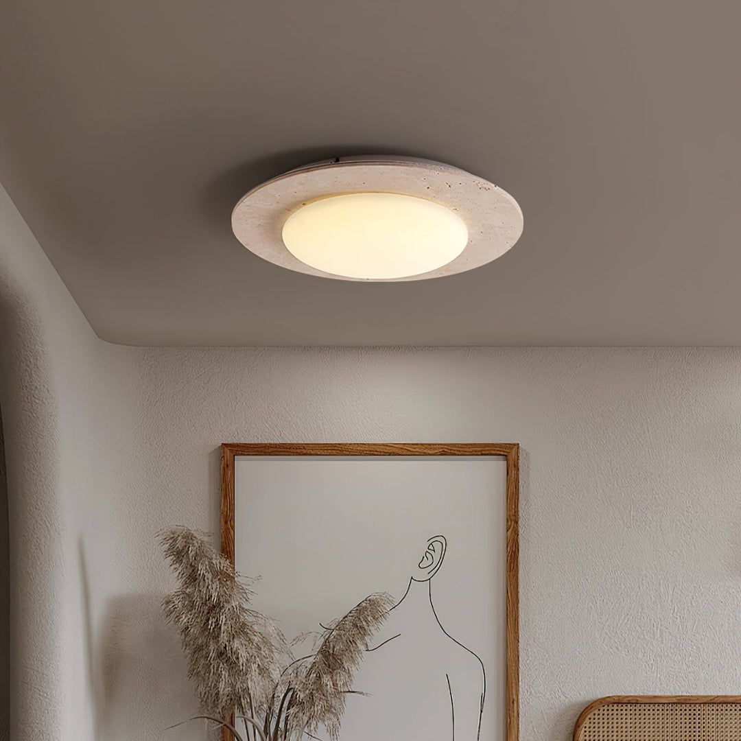 Dome-Shaped Flush Mount Ceiling Light with Yellow Travertine and Solid Wood – Warm LED Illumination, 30cm Diameter