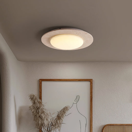 Dome-Shaped Flush Mount Ceiling Light with Yellow Travertine and Solid Wood – Warm LED Illumination, 30cm Diameter