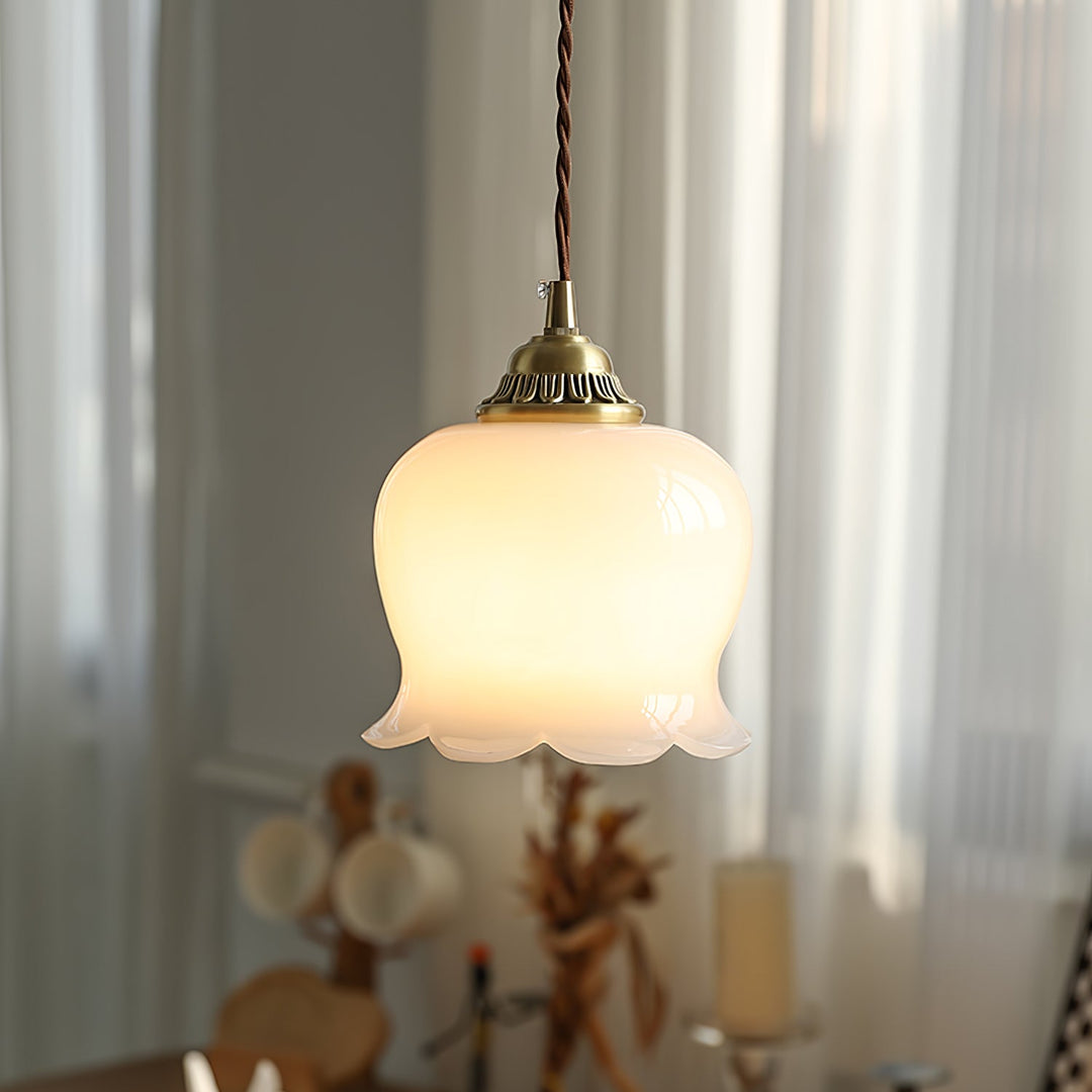 Elegant Brass and Resin Pendant Lamp – Lily of the Valley Ceiling Light Fixture, Adjustable Height, Indoor Use