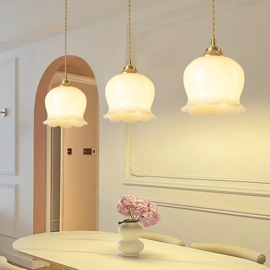 Elegant Brass and Resin Pendant Lamp – Lily of the Valley Ceiling Light Fixture, Adjustable Height, Indoor Use