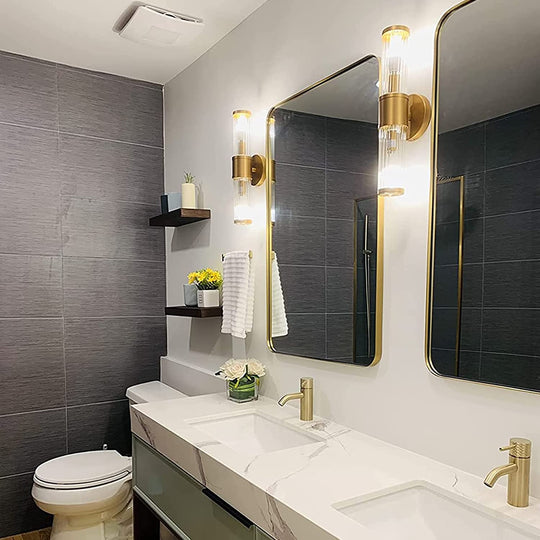Modern Iron Vanity Light Fixture with Clear Glass Shade – Brushed Gold Bathroom Lighting, E12 Socket