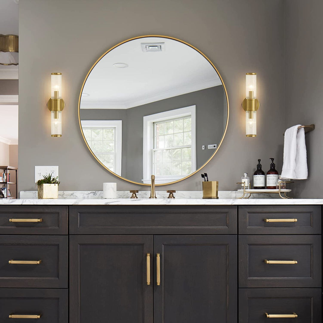 Modern Iron Vanity Light Fixture with Clear Glass Shade – Brushed Gold Bathroom Lighting, E12 Socket
