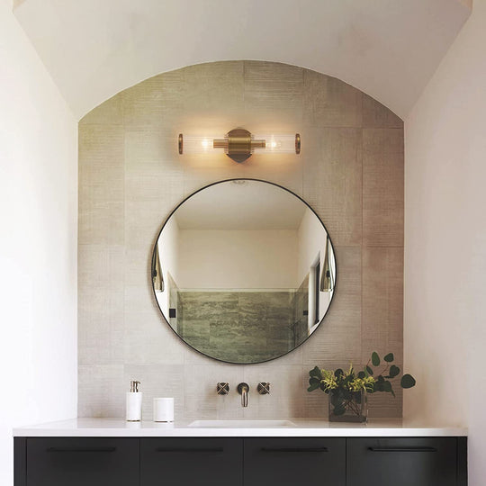 Modern Iron Vanity Light Fixture with Clear Glass Shade – Brushed Gold Bathroom Lighting, E12 Socket