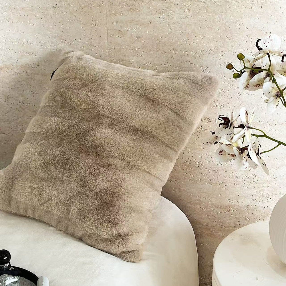 Plush Striped Fur Throw Pillow for Couch – Soft 19.7 Decorative Pillow in Faux Rabbit Fur