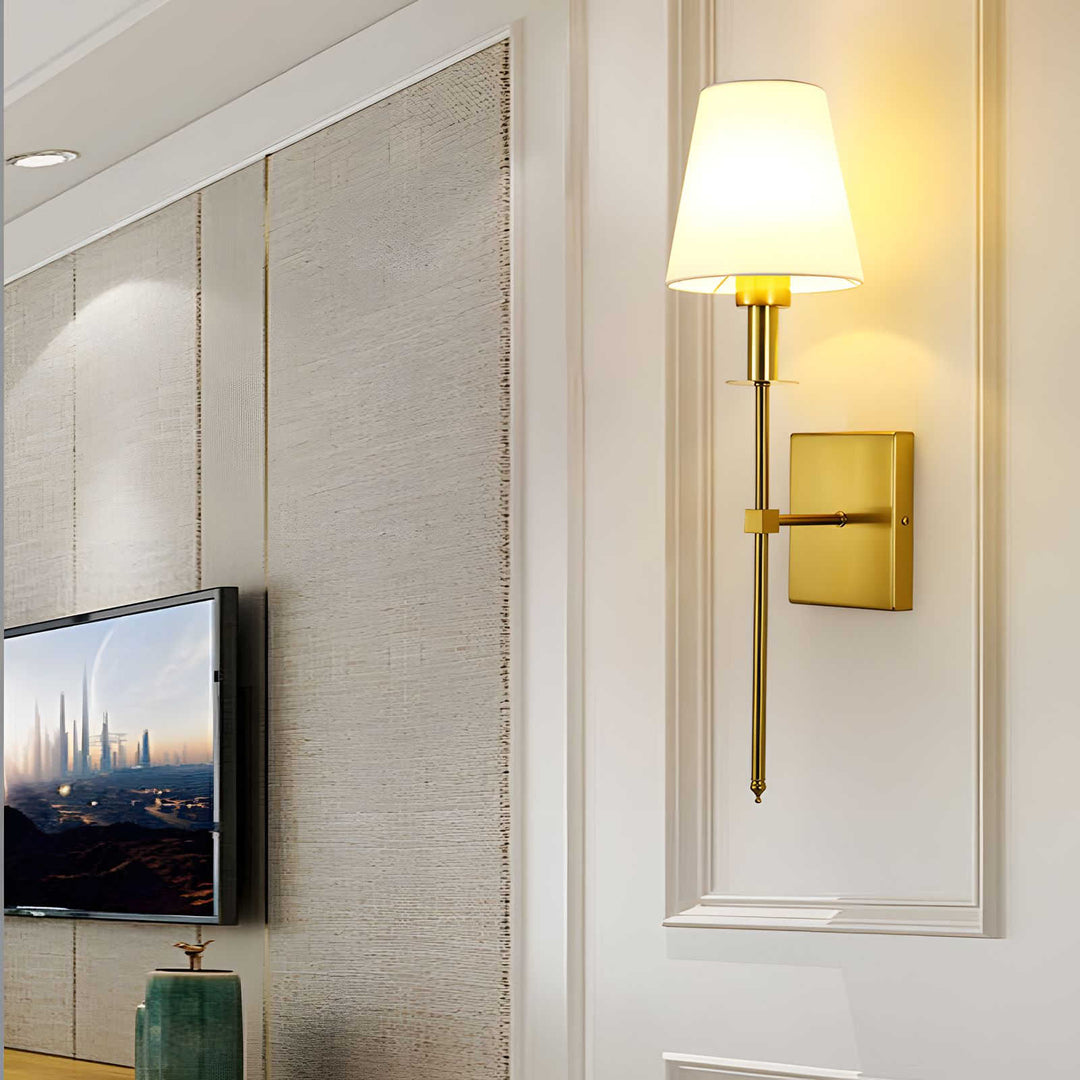 Brushed Brass Wall Sconces Set of 2 – Elegant Fabric Shade Wall Lights for Indoor Lighting